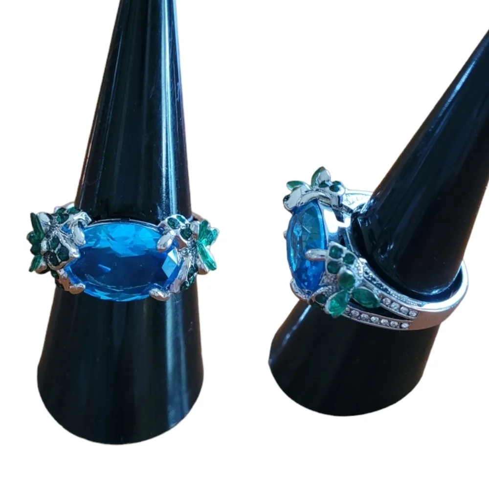 Oval Blue Gemstone Silver Tone‎ Ring with Green Rhinestone Leaves Size 8.5